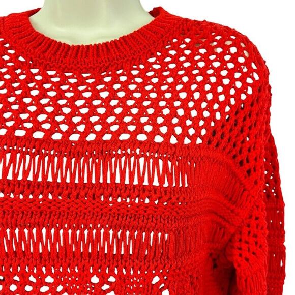 Zara Womens Loose Open Crochet Knit Red Pullover 3/4 Sleeve Sweater sz Small - Picture 7 of 16
